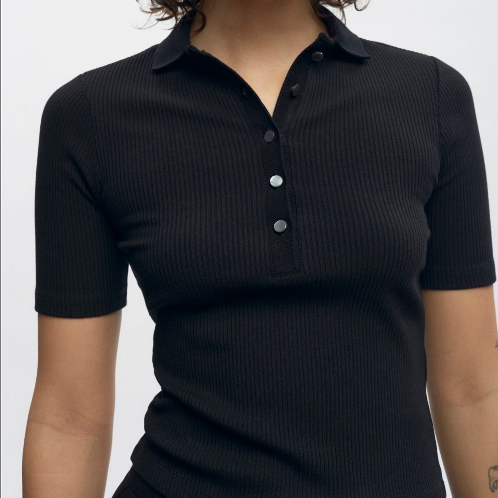 Women's Black Ribbed Polo Top